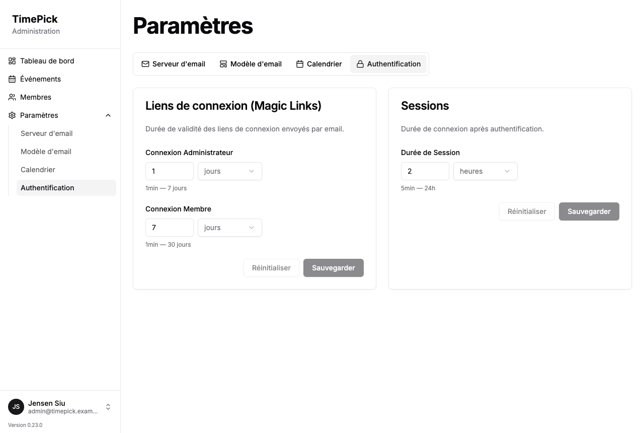 Onglet Authentification de l'écran Paramètres — cartes Liens de connexion et Sessions