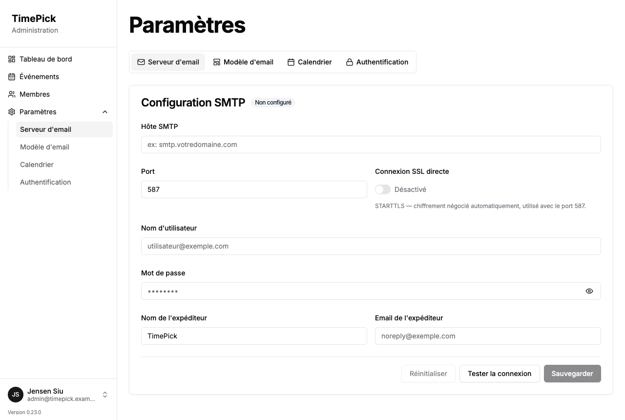 Onglet Serveur d'email de l'écran Paramètres — formulaire SMTP et badge de statut