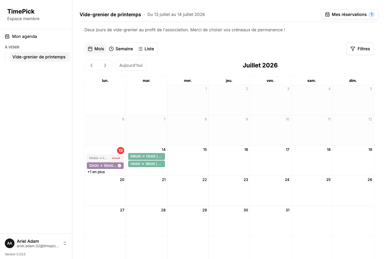 Calendrier des créneaux d'un événement, vu par un membre connecté