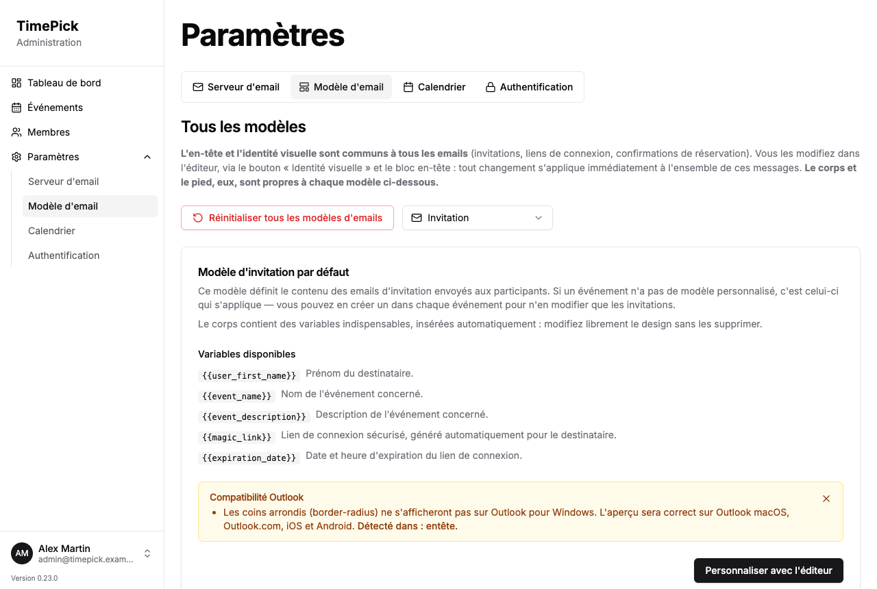 Éditeur de modèle d'email ouvert sur le modèle Invitation